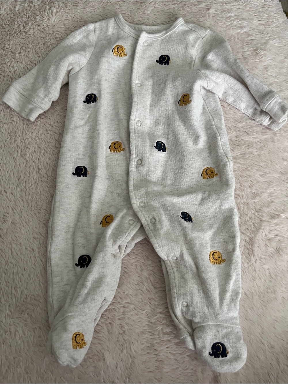 Little Me Gray Footed One-Piece with Navy & Mustard Elephant Motif